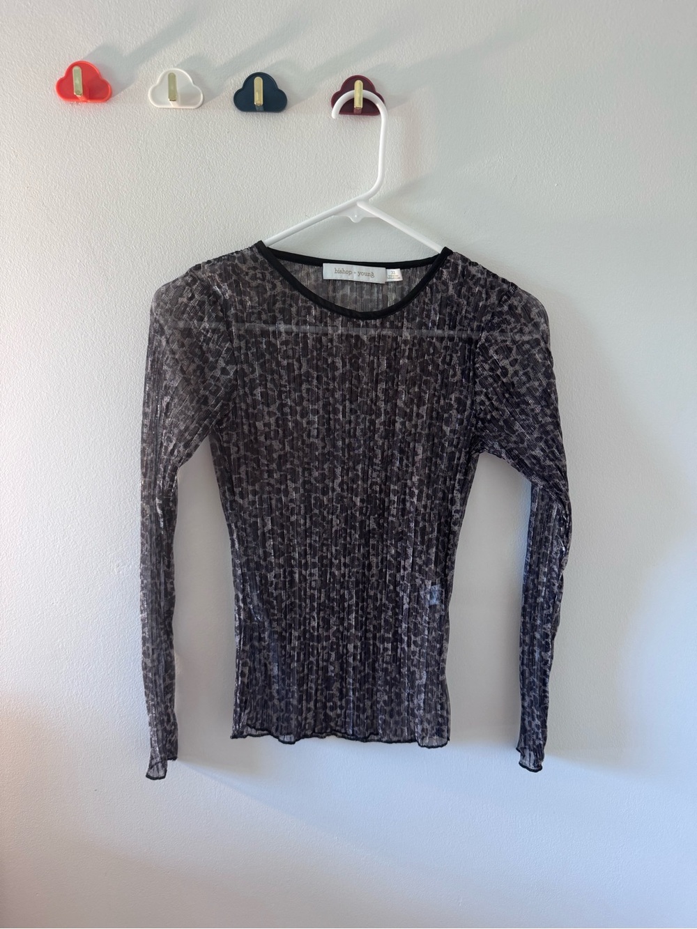bishop + young Black Sheer Long-Sleeve Mesh Top with Subtle Animal Print